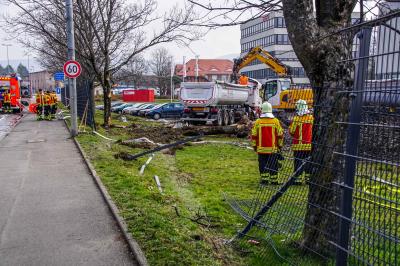 Pfullingen: LKW kommt von Bundesstrasse ab- faehrt in Firmengelaende